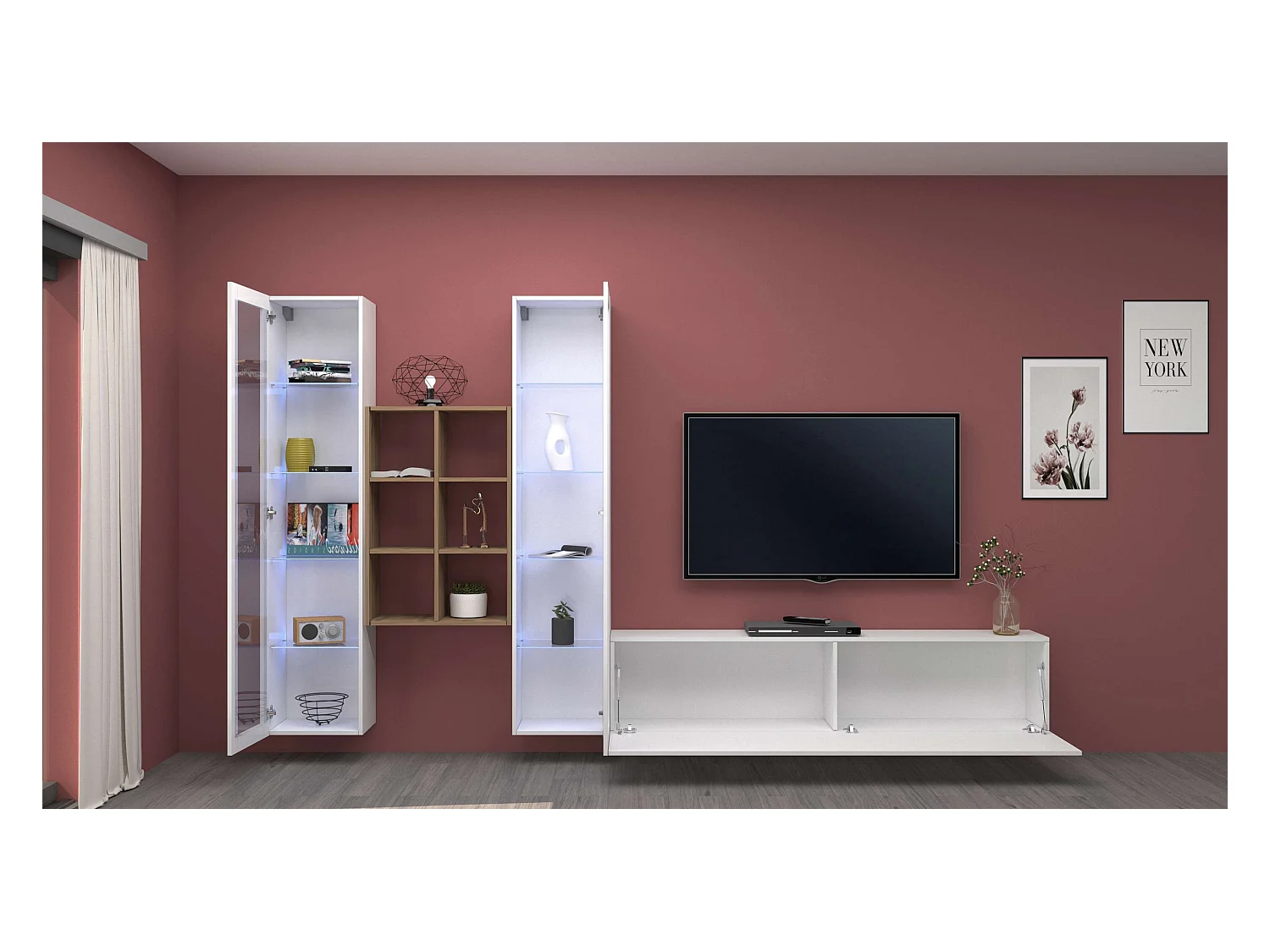 Parete attrezzata mobile TV bianco sospeso 2 vetrine libreria Yves WH