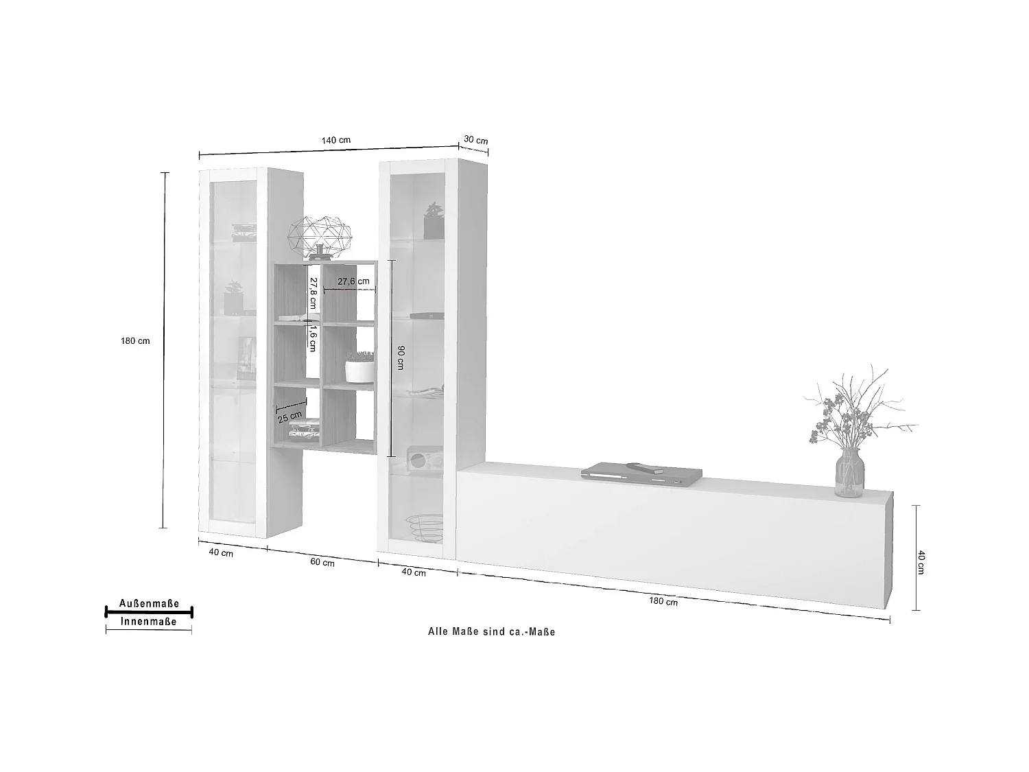 Parete attrezzata mobile TV bianco sospeso 2 vetrine libreria Yves WH