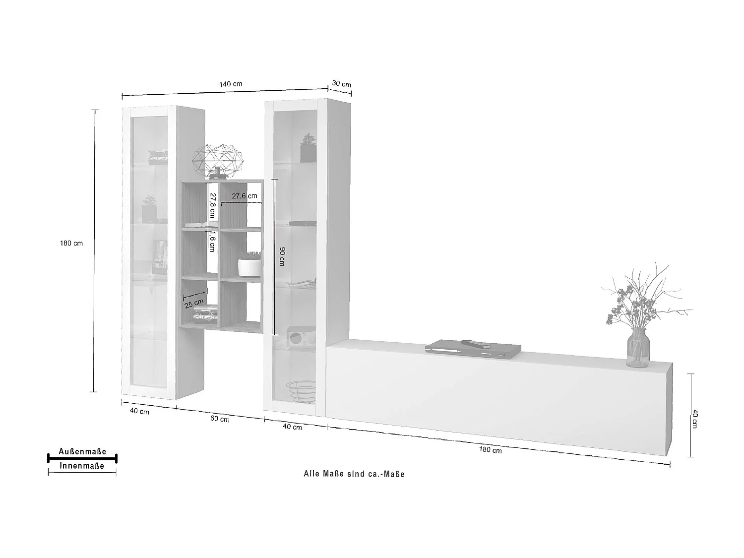 Parete attrezzata mobile TV bianco sospeso 2 vetrine libreria Yves WH