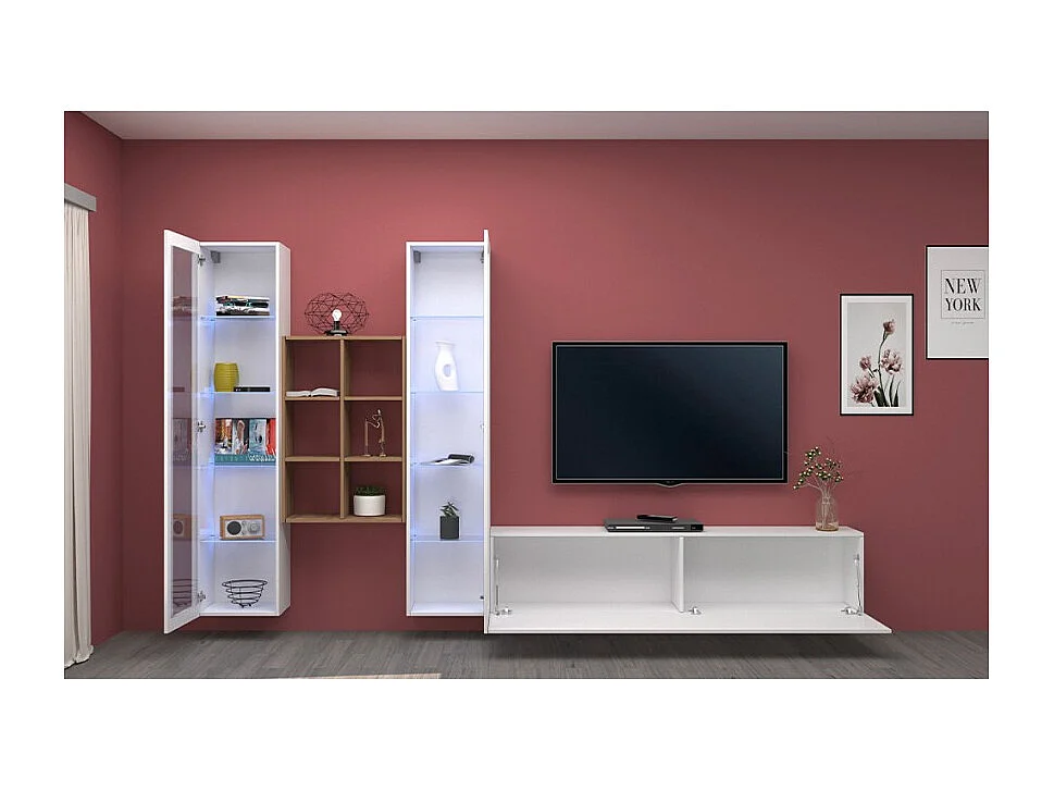 Parete attrezzata mobile TV bianco sospeso 2 vetrine libreria Yves WH