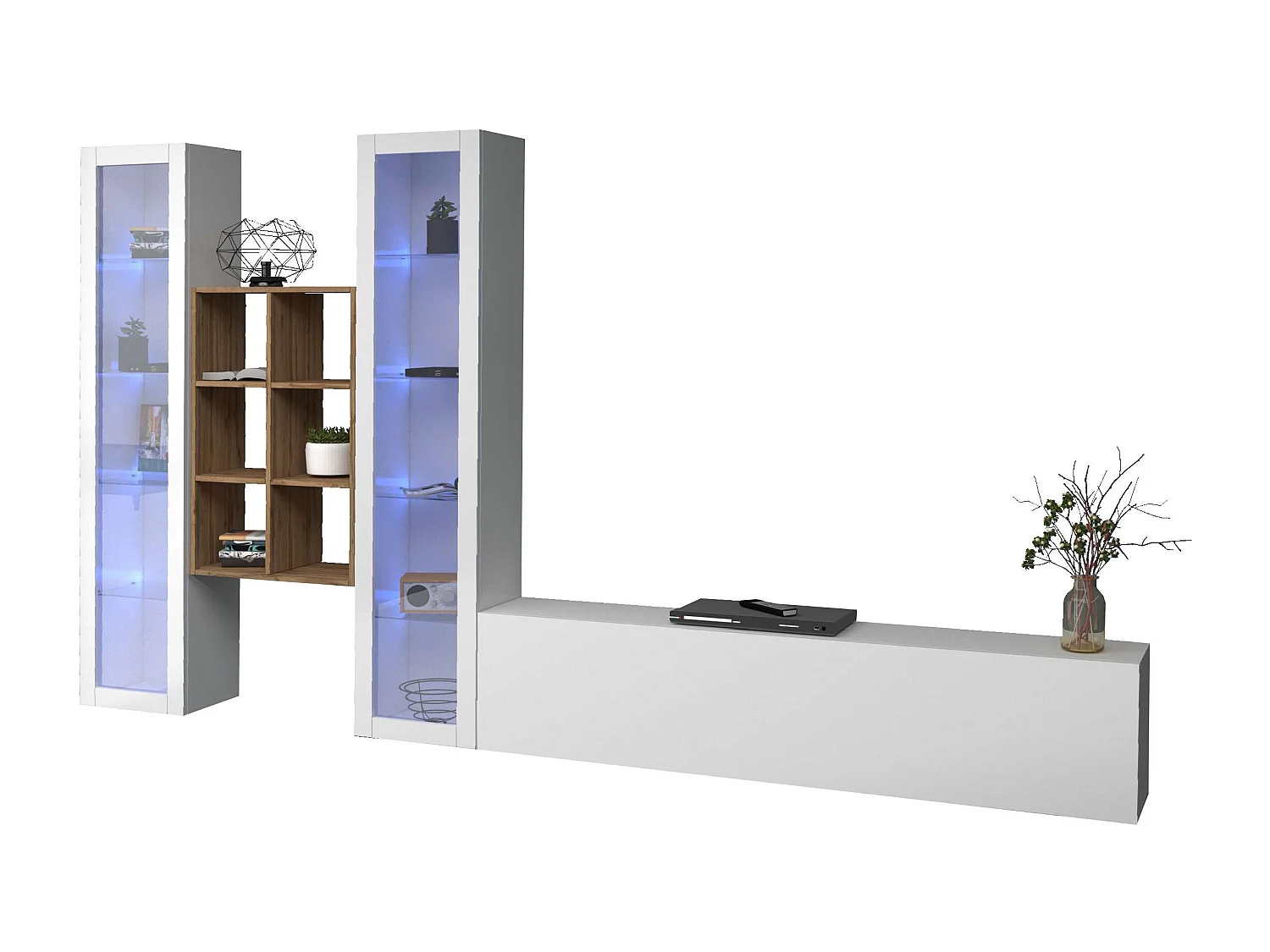 Parete attrezzata mobile TV bianco sospeso 2 vetrine libreria Yves WH