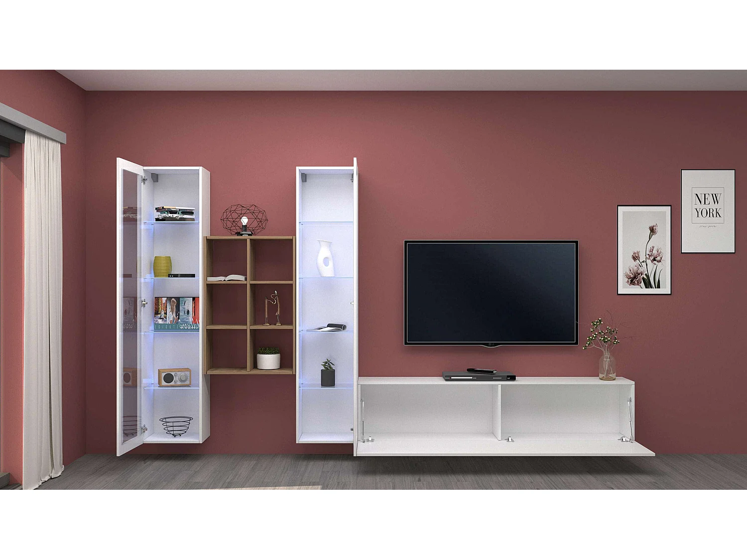 Parete attrezzata mobile TV bianco sospeso 2 vetrine libreria Yves WH
