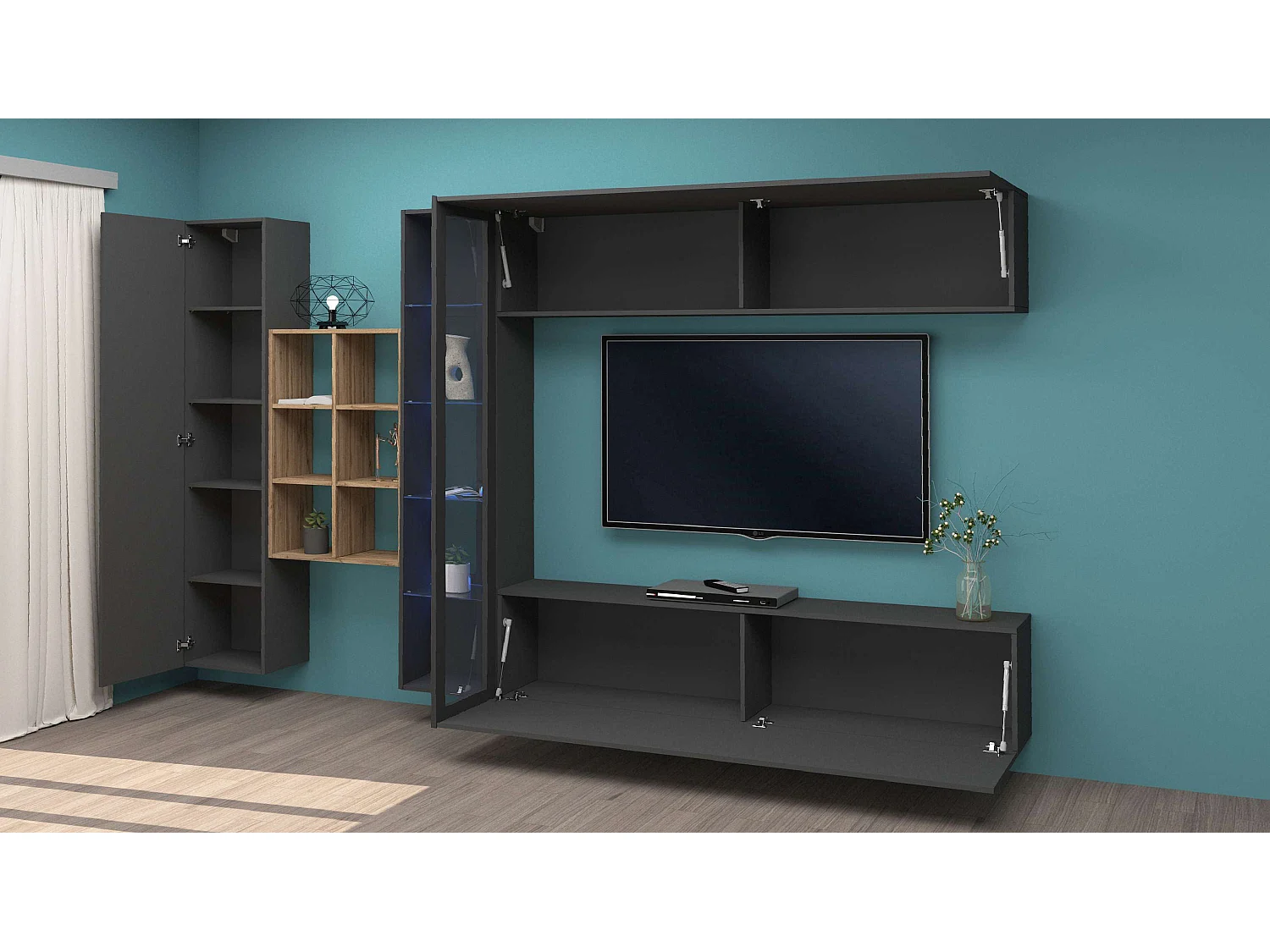 Parete attrezzata antracite moderna libreria mobile TV sospeso vetrina Loane RT