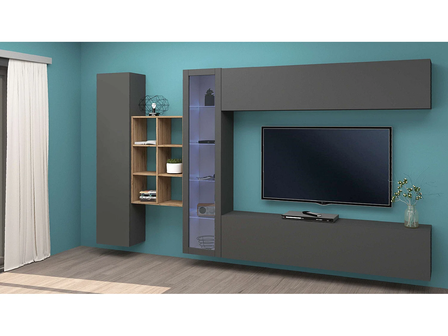 Parete attrezzata antracite moderna libreria mobile TV sospeso vetrina Loane RT