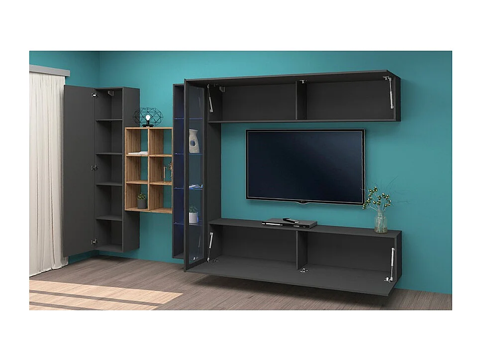 Parete attrezzata antracite moderna libreria mobile TV sospeso vetrina Loane RT