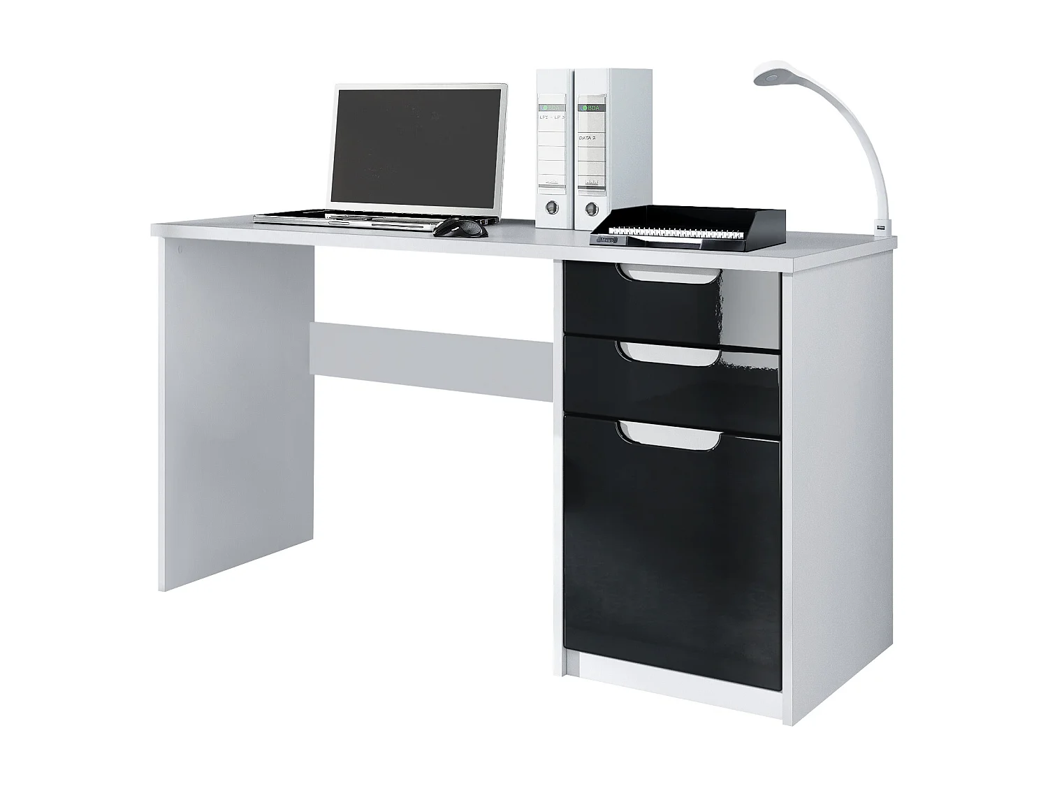 Bureau Logan, Petit bureau avec 2 tiroirs et d’une porte, blanc mat/noir haute brillance (129 x 76 x 60 cm)