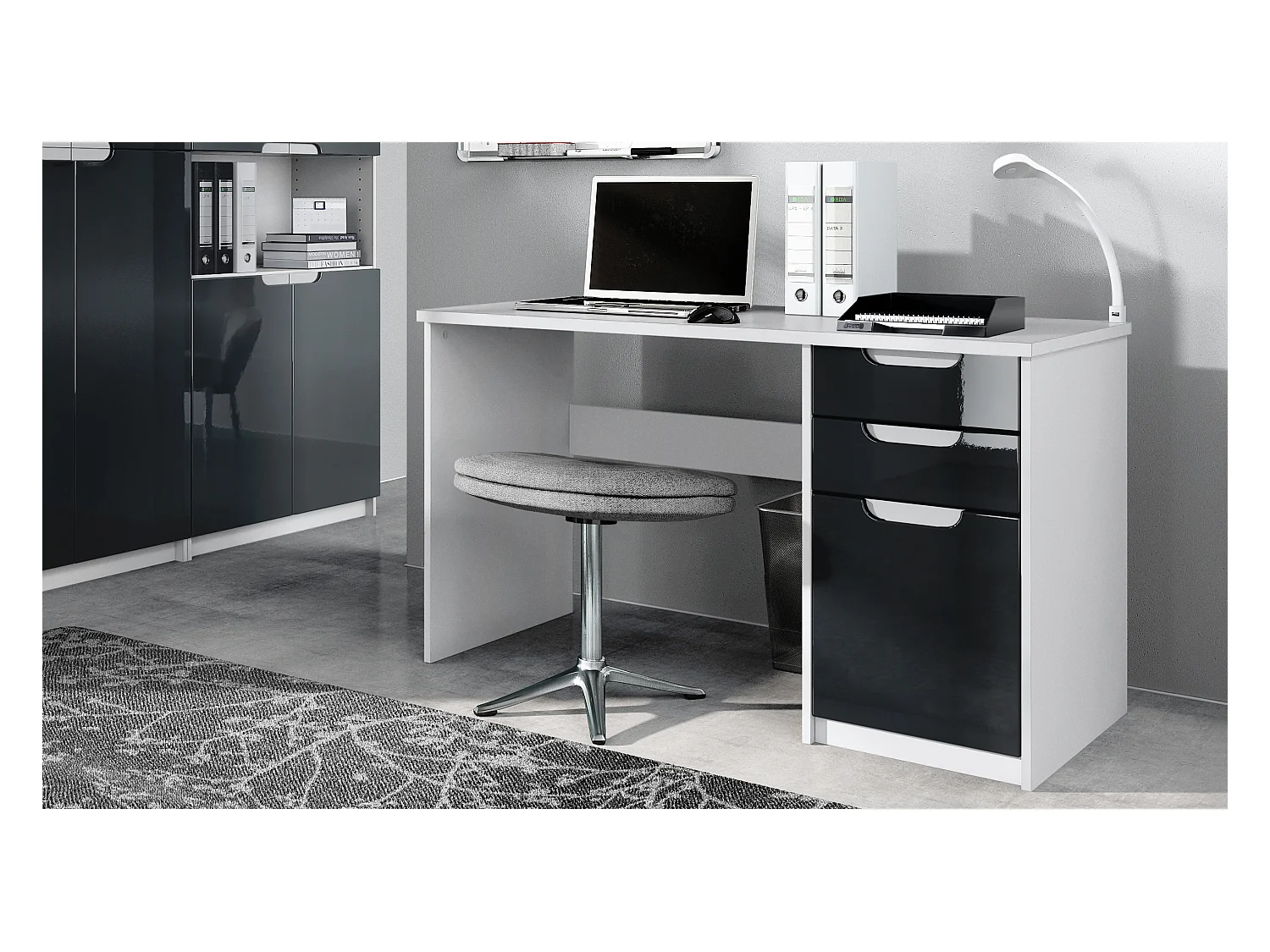Bureau Logan, Petit bureau avec 2 tiroirs et d’une porte, blanc mat/noir haute brillance (129 x 76 x 60 cm)