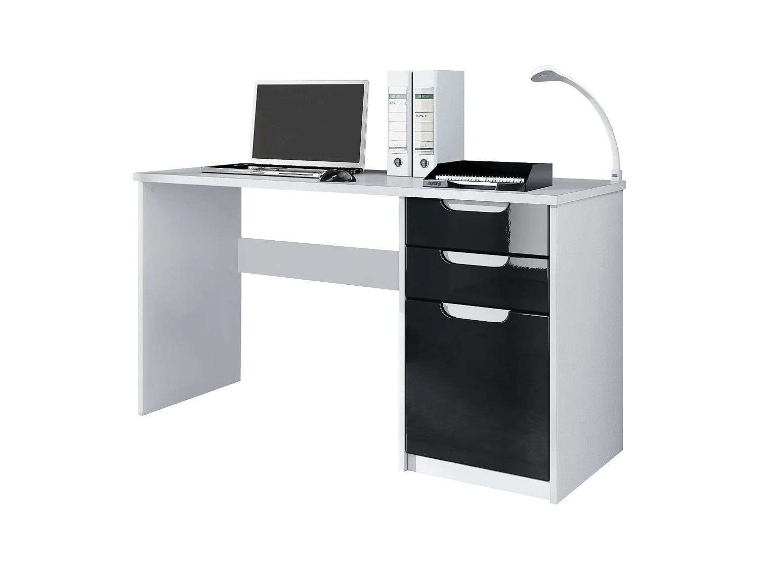 Bureau Logan, Petit bureau avec 2 tiroirs et d’une porte, blanc mat/noir haute brillance (129 x 76 x 60 cm)