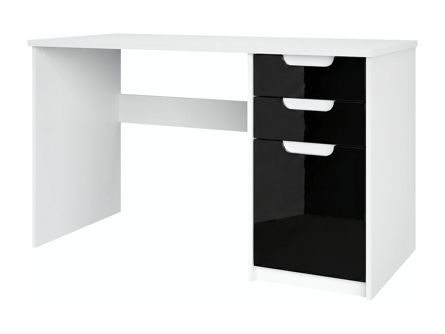 Escritorio Logan, Mesa Oficina con 2 Cajones y 1 Puerta, blanco mate/negro de alto brillo (129 x 76 x 60 cm)