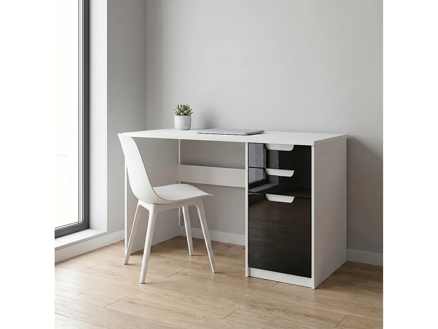 Escritorio Logan, Mesa Oficina con 2 Cajones y 1 Puerta, blanco mate/negro de alto brillo (129 x 76 x 60 cm)