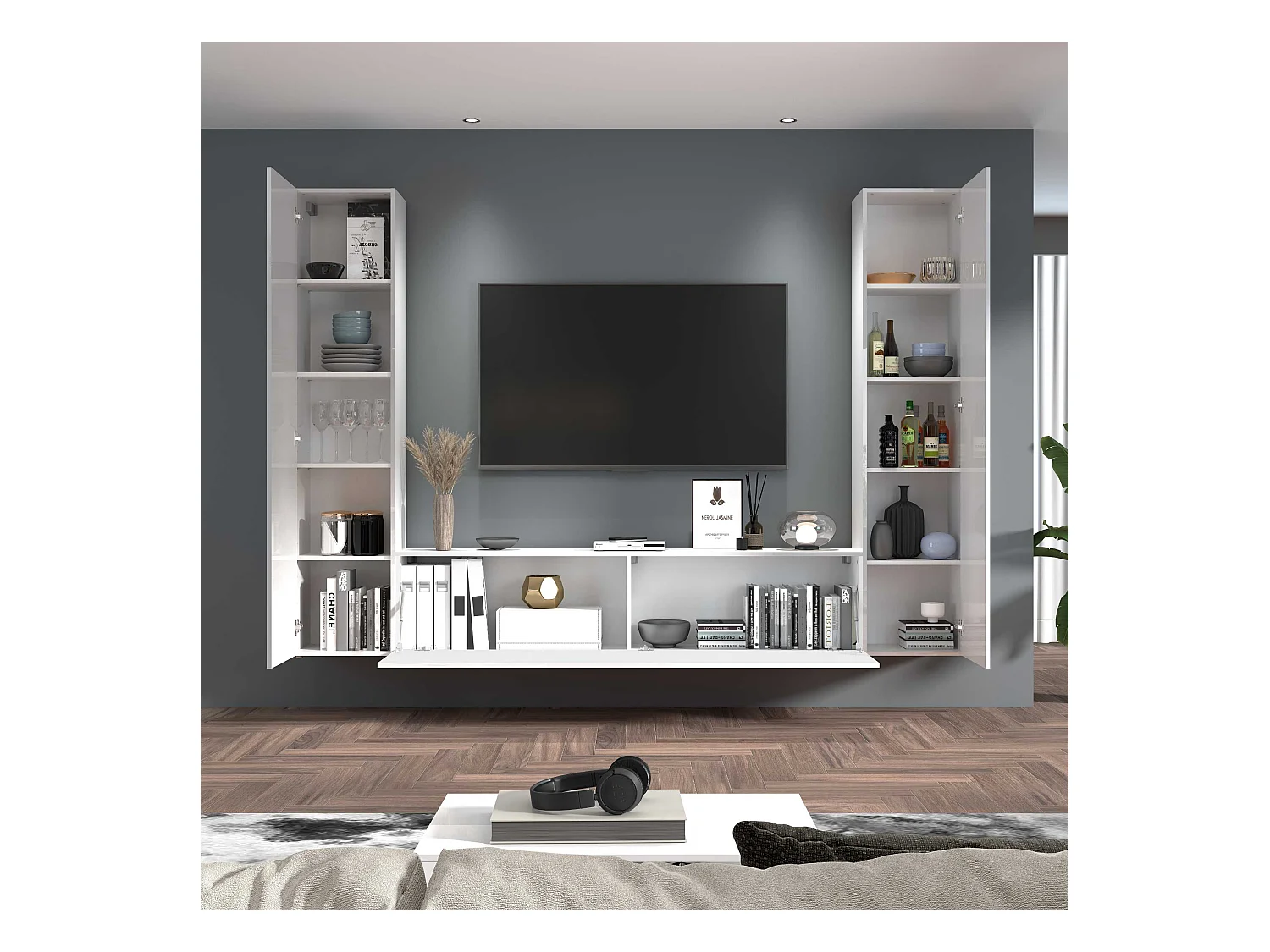 Mueble TV suspendido moderno blanco 2 armarios Vibe WH