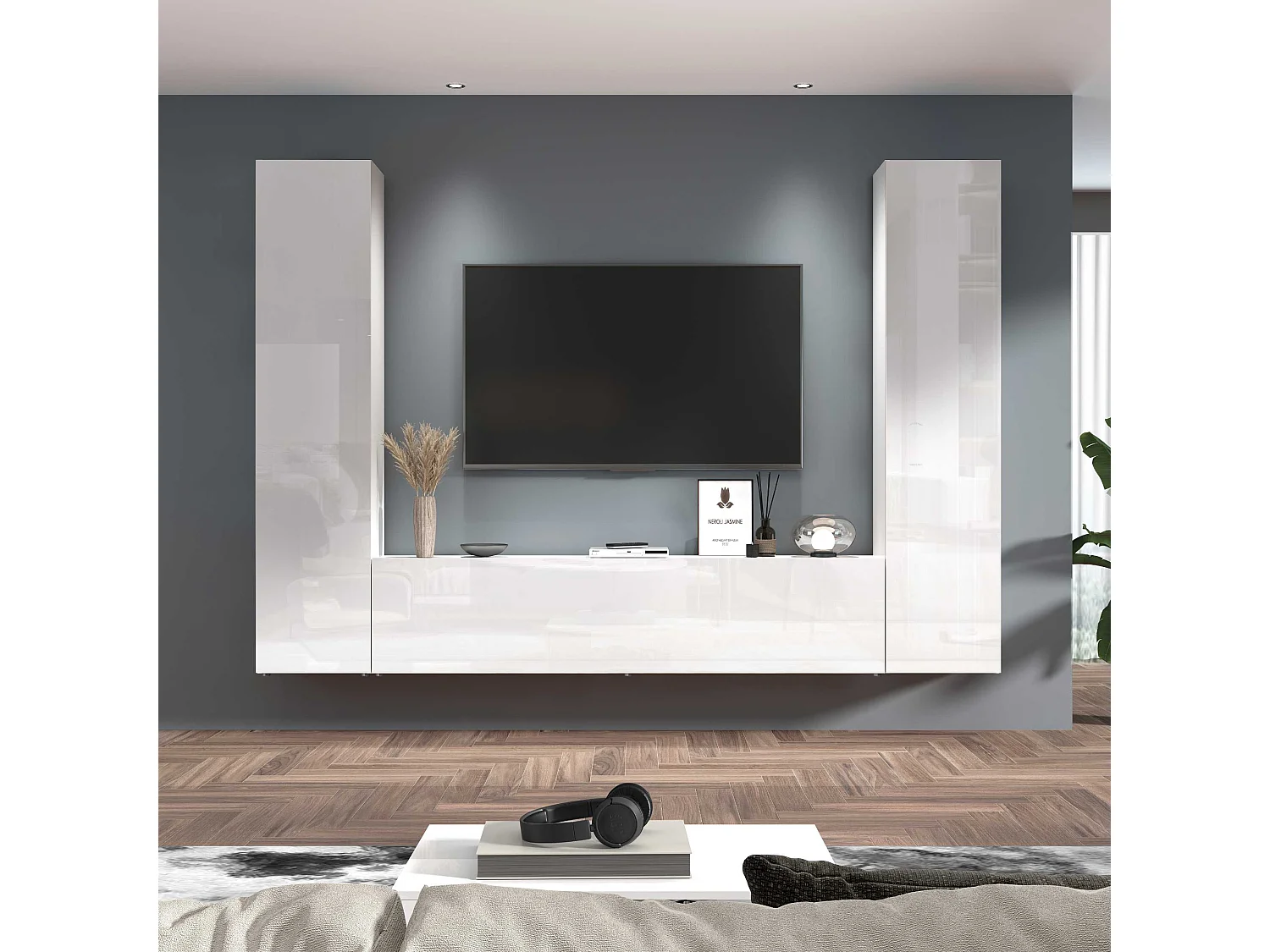 Meuble TV de salon moderne blanc 2 armoires Vibe WH