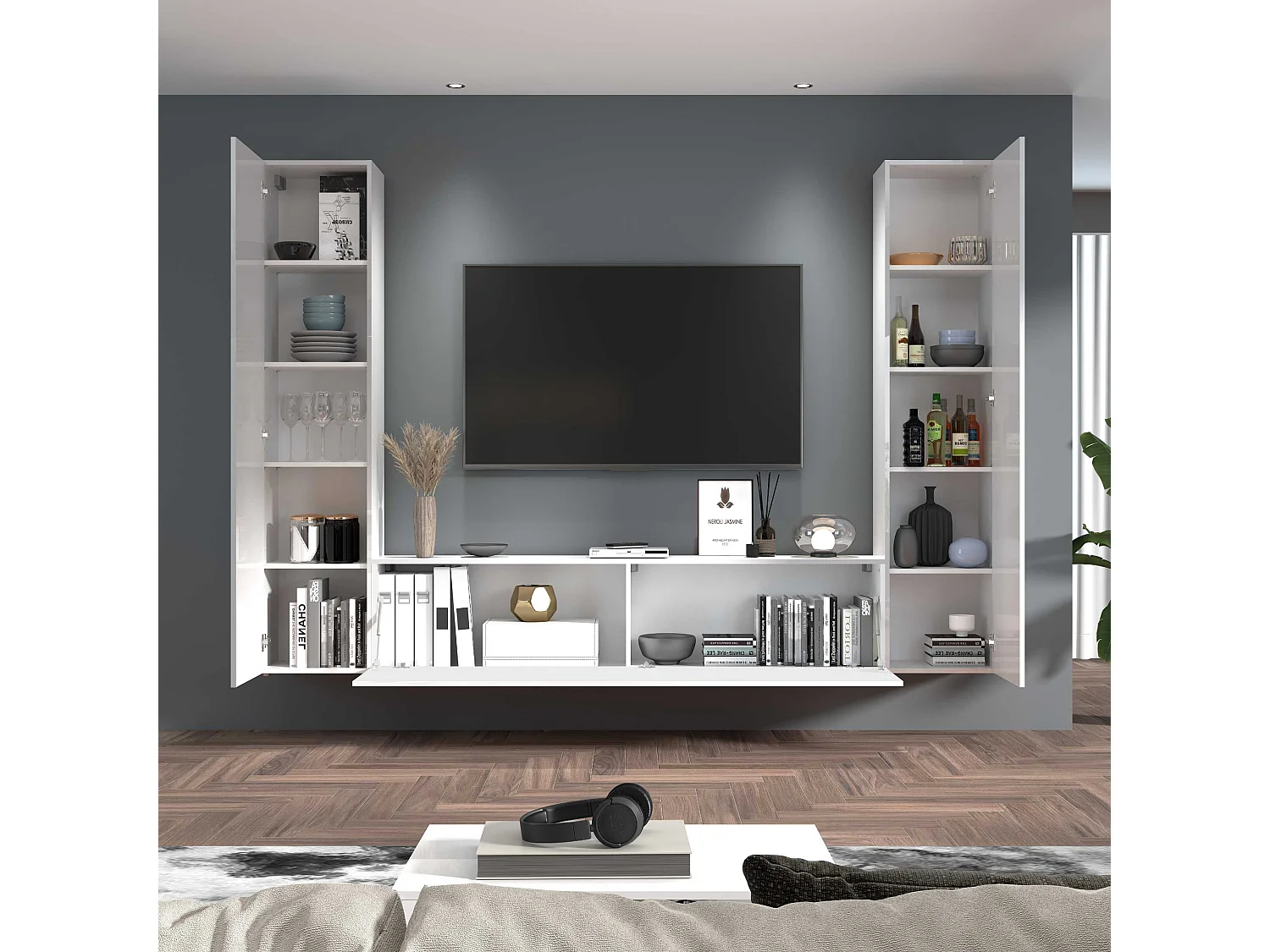Meuble TV de salon moderne blanc 2 armoires Vibe WH