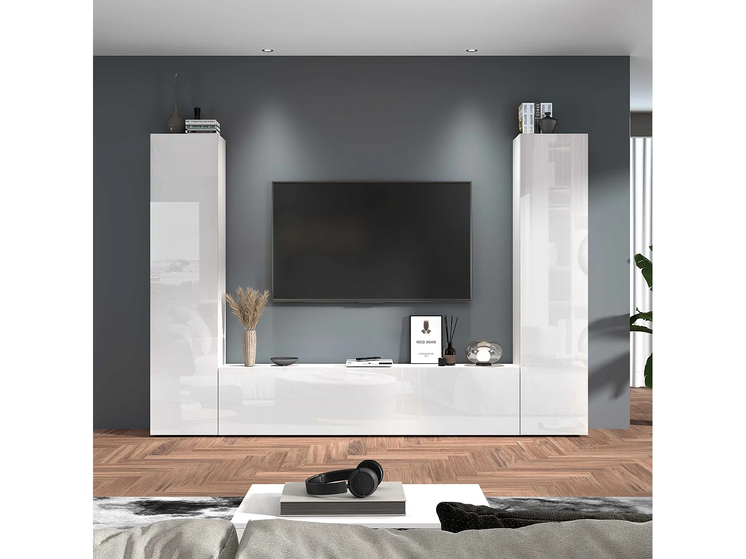 Meuble TV de salon moderne blanc 2 armoires Vibe WH