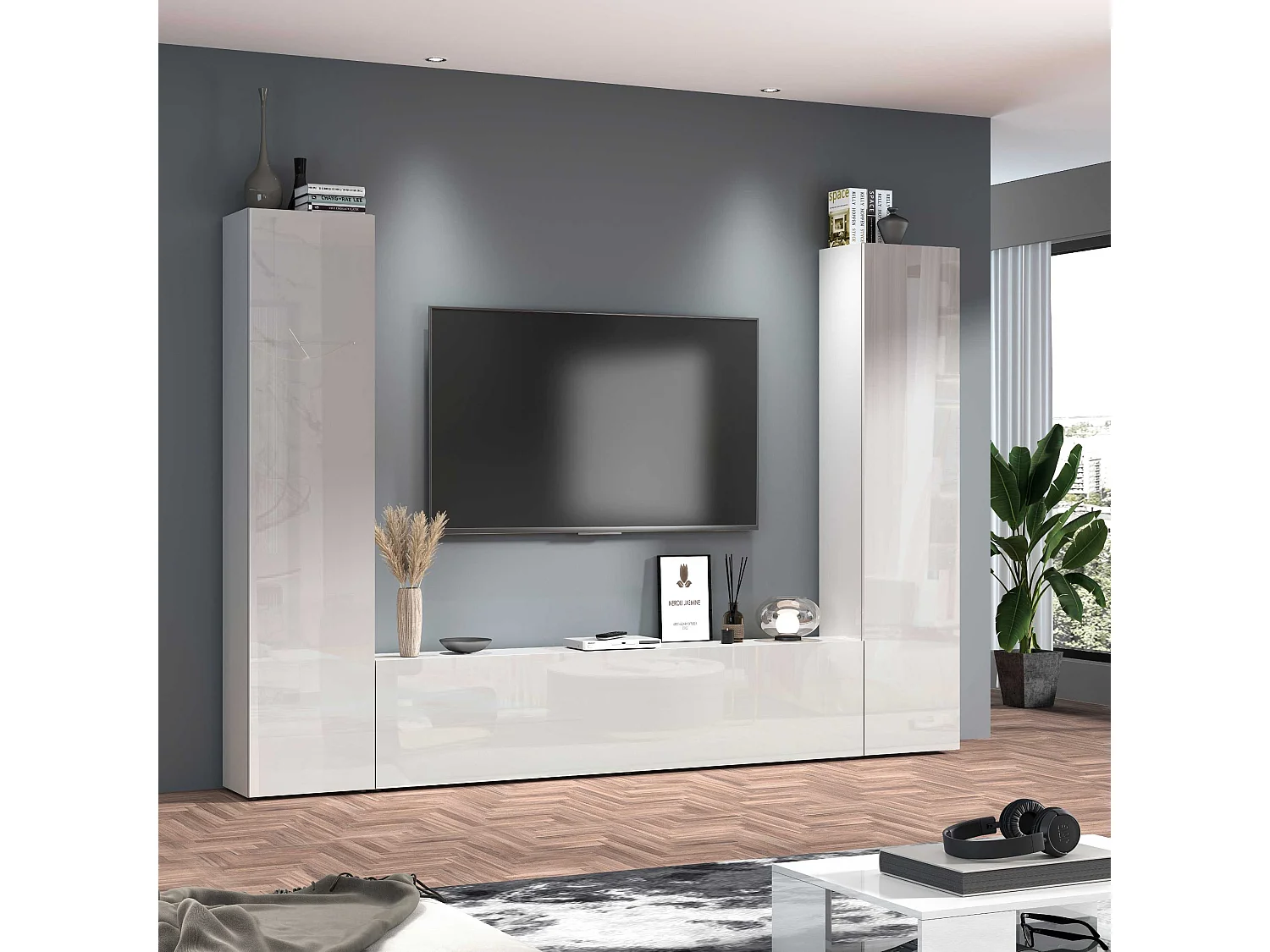 Meuble TV de salon moderne blanc 2 armoires Vibe WH