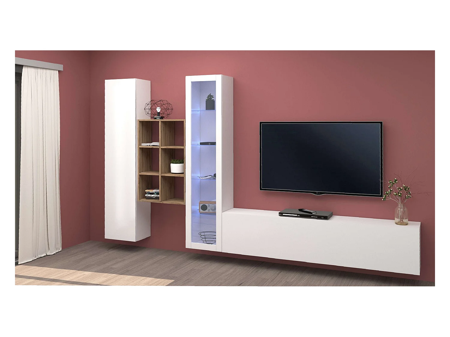 Parete attrezzata soggiorno mobile TV vetrina bianca libreria legno Rold WH