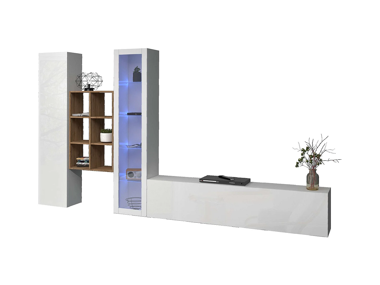 Parete attrezzata soggiorno mobile TV vetrina bianca libreria legno Rold WH