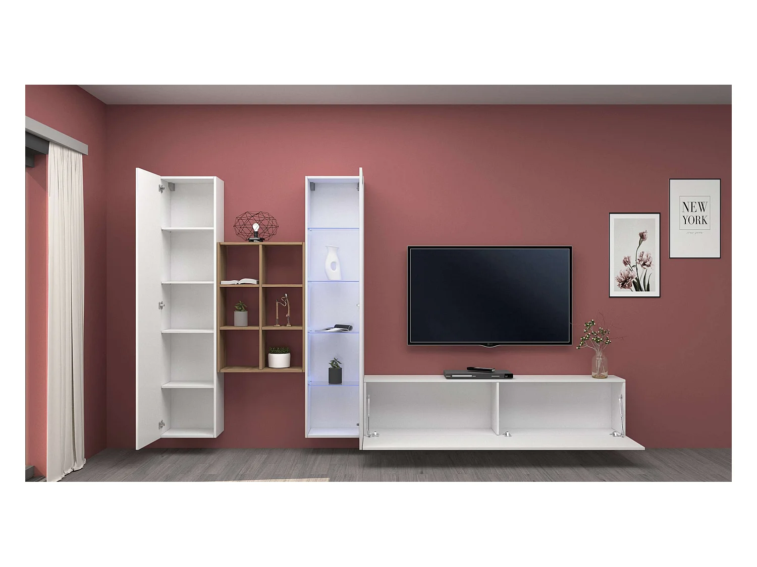 Parete attrezzata soggiorno mobile TV vetrina bianca libreria legno Rold WH
