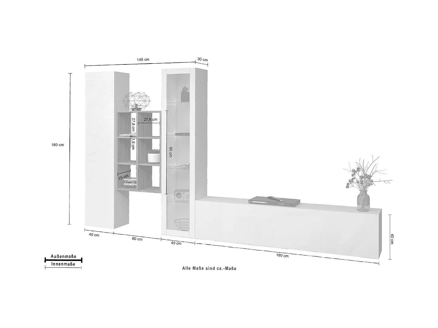 Parete attrezzata soggiorno mobile TV vetrina bianca libreria legno Rold WH