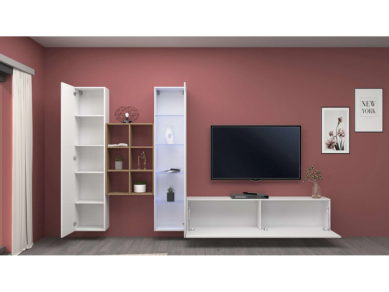 Meuble TV de salon bibliothèque en bois blanc Rold WH