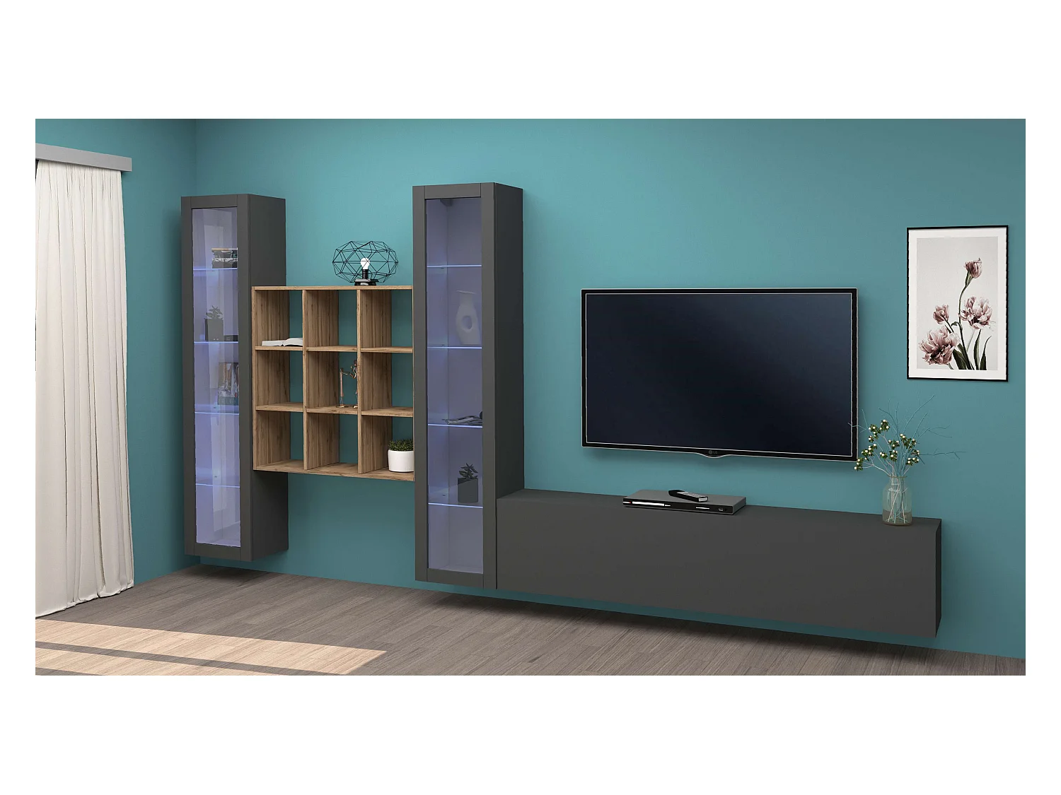 Parete attrezzata antracite TV soggiorno 2 vetrine libreria legno grigia Onir RT