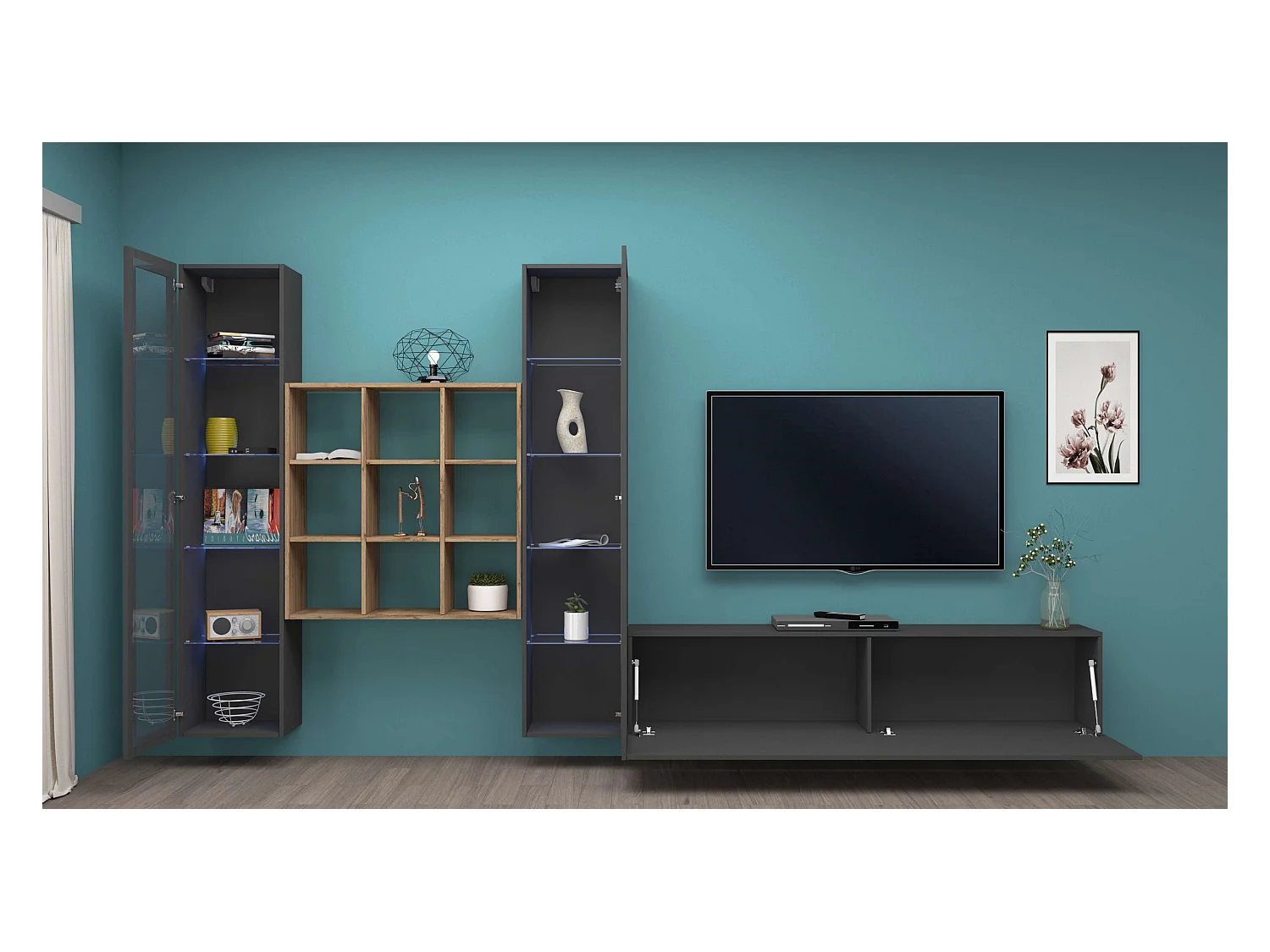 Parete attrezzata antracite TV soggiorno 2 vetrine libreria legno grigia Onir RT