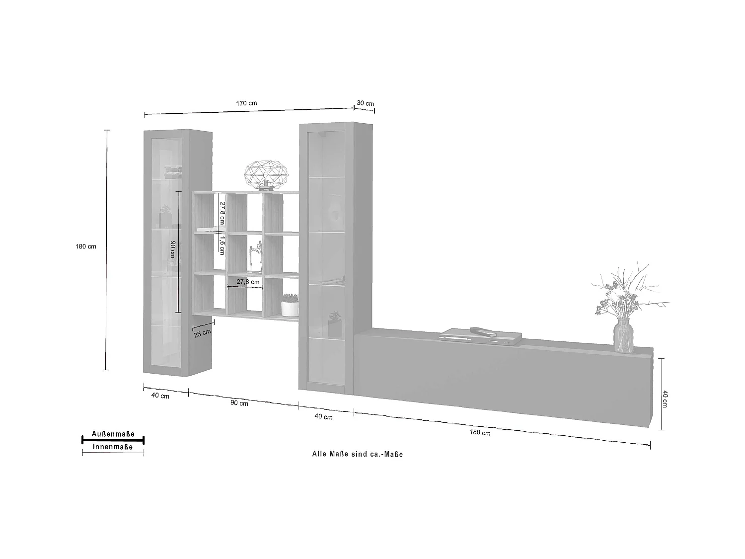 Parete attrezzata antracite TV soggiorno 2 vetrine libreria legno grigia Onir RT