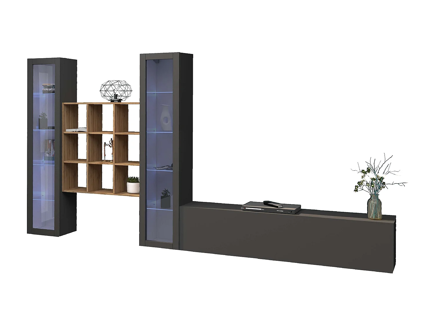 Meuble TV mural 2 vitrines bibliothèque bois gris Onir RT