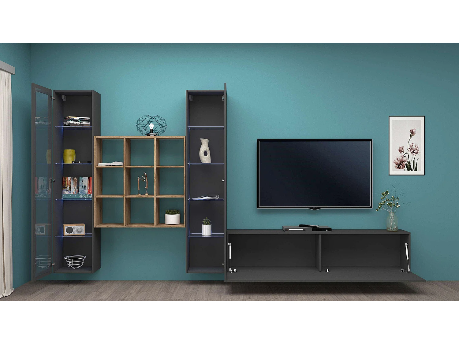 Parete attrezzata antracite TV soggiorno 2 vetrine libreria legno grigia Onir RT