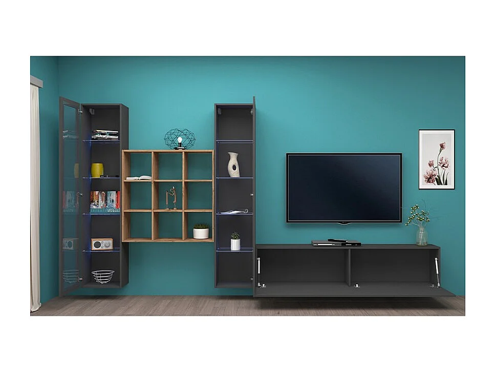 Parete attrezzata antracite TV soggiorno 2 vetrine libreria legno grigia Onir RT