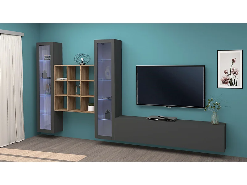 Salón TV pared 2 vitrinas librería madera gris Onir RT