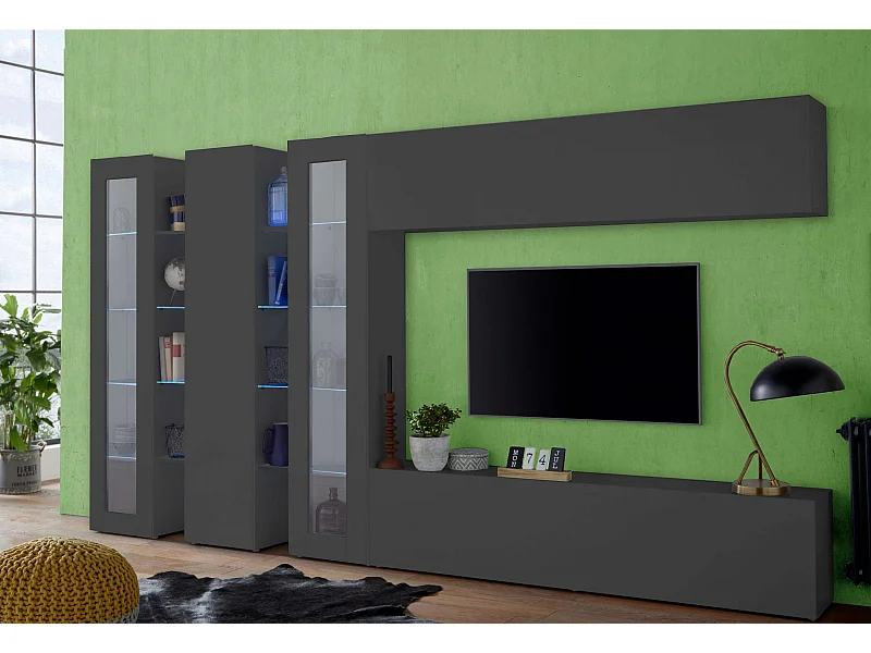 Parete attrezzata soggiorno mobile TV armadio 2 vetrine antracite Note Mir