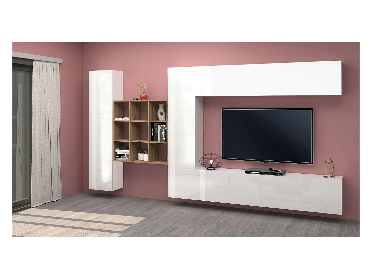 Parete attrezzata sospesa TV pensile bianco libreria 2 armadi Ferd WH