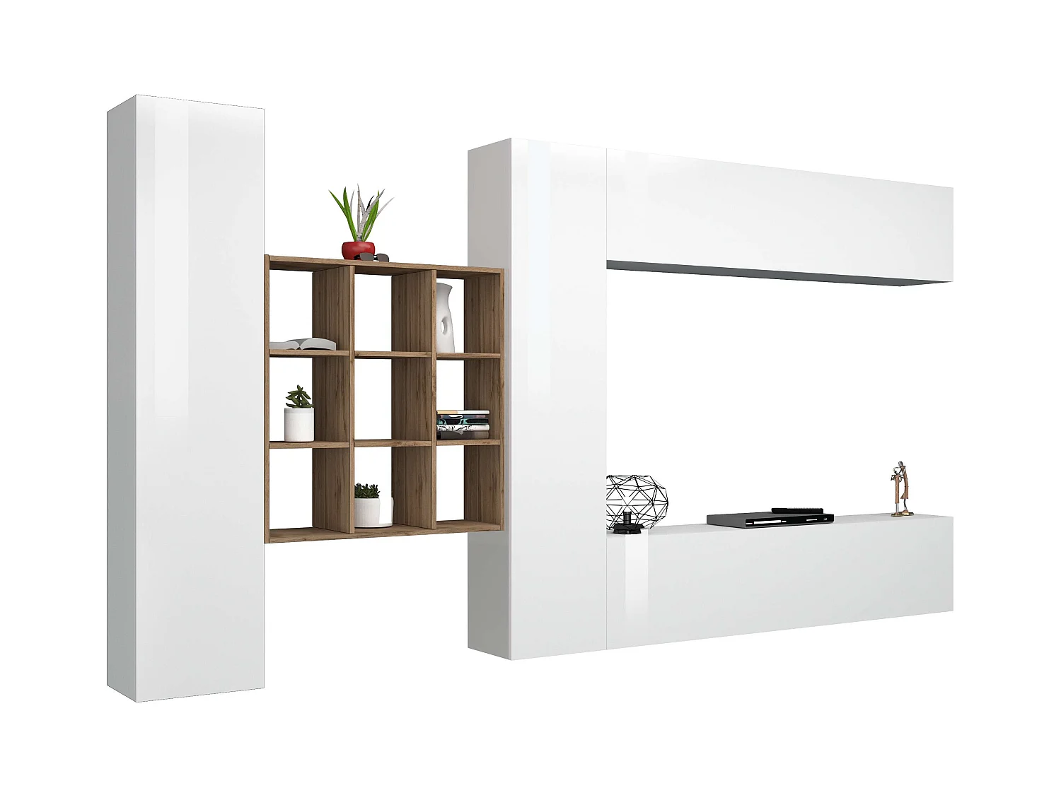 Parete attrezzata sospesa TV pensile bianco libreria 2 armadi Ferd WH