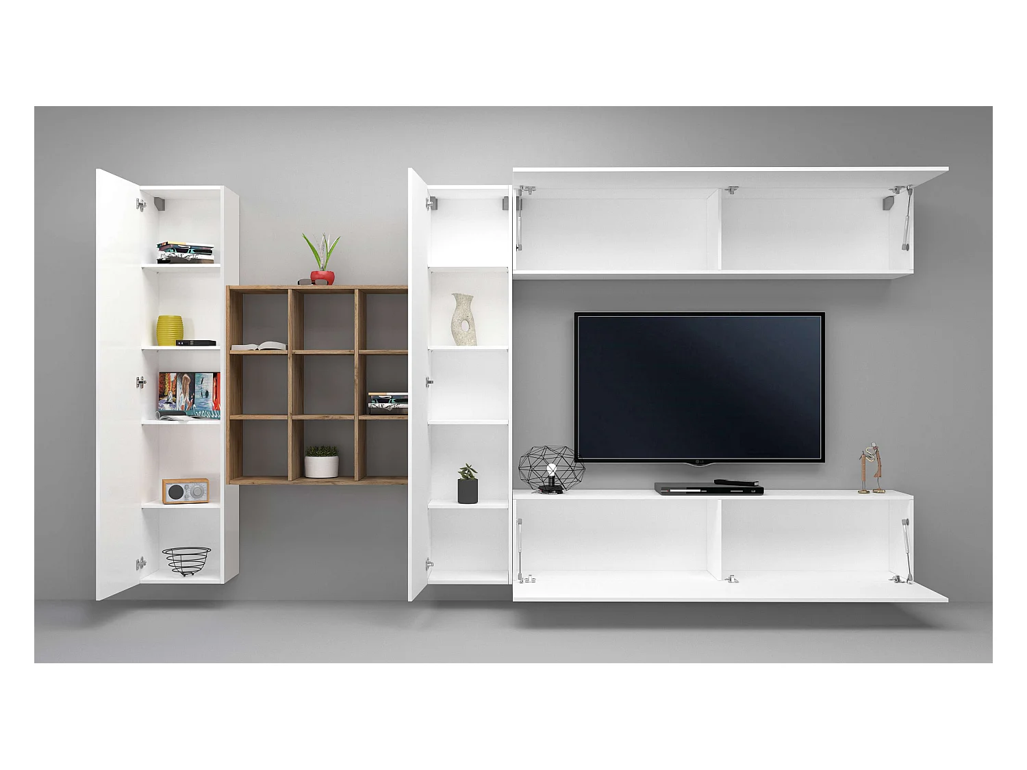 Parete attrezzata sospesa TV pensile bianco libreria 2 armadi Ferd WH