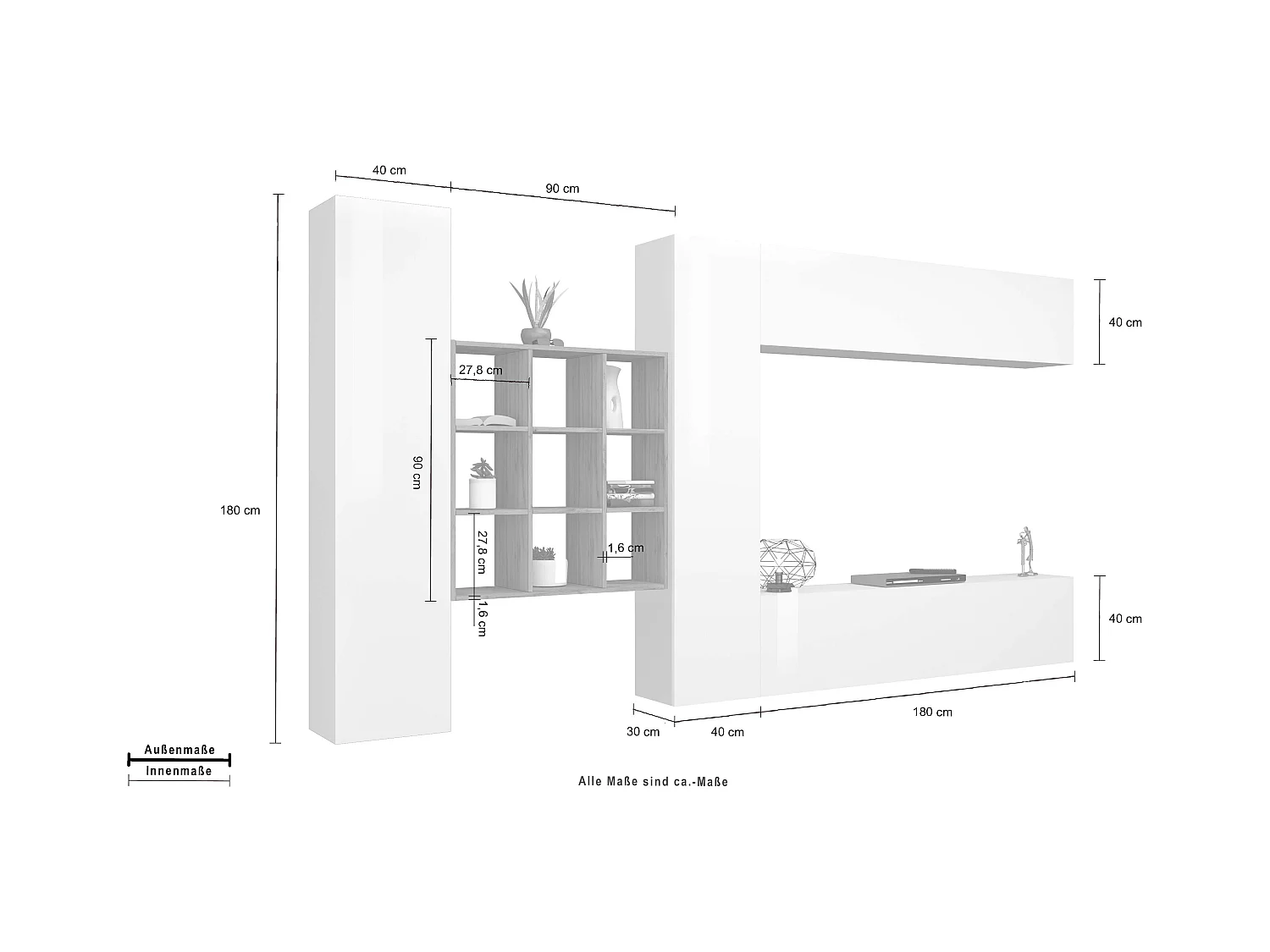Parete attrezzata sospesa TV pensile bianco libreria 2 armadi Ferd WH
