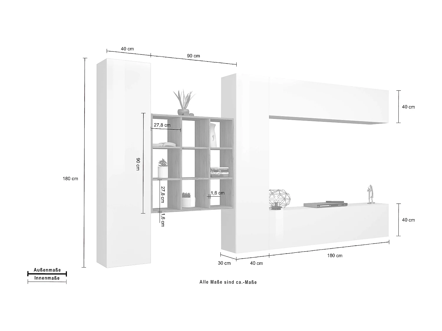 Meuble TV suspendu bibliothèque blanche 2 armoires colonnes Ferd WH