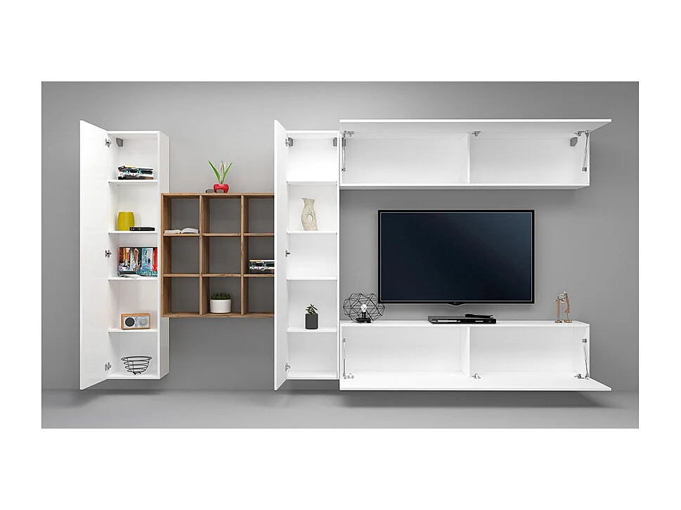 Meuble TV suspendu bibliothèque blanche 2 armoires colonnes Ferd WH