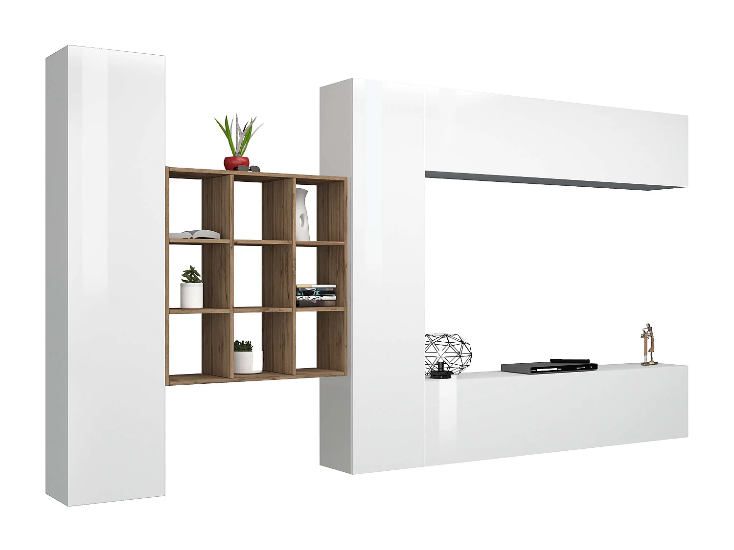 Parete attrezzata sospesa TV pensile bianco libreria 2 armadi Ferd WH