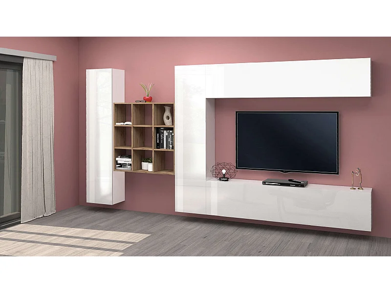 Mueble TV suspendido librería blanca 2 armarios Ferd WH
