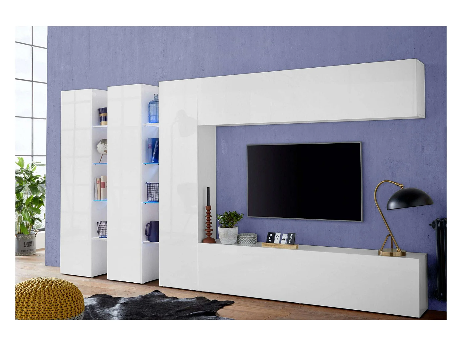 Parete attrezzata bianca mobile TV pensile sospeso 3 armadi Joy Trio