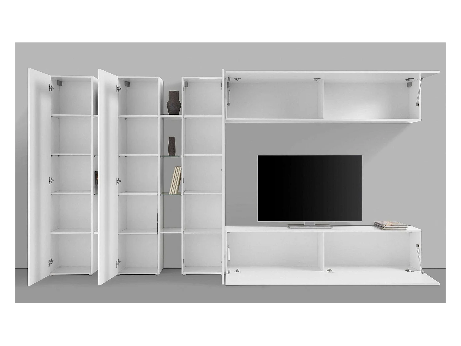 Parete attrezzata bianca mobile TV pensile sospeso 3 armadi Joy Trio