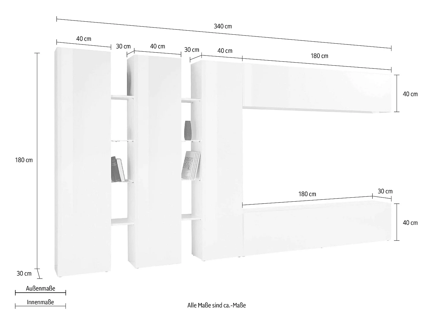 Parete attrezzata bianca mobile TV pensile sospeso 3 armadi Joy Trio