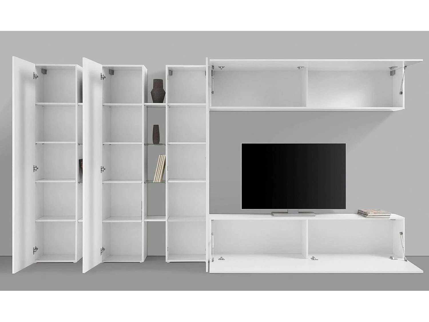 Meuble TV blanc avec meuble TV suspendu Joy Trio et trois placards