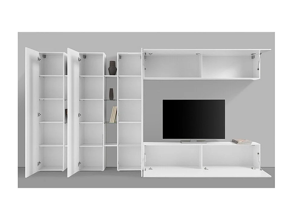 Meuble TV blanc avec meuble TV suspendu Joy Trio et trois placards