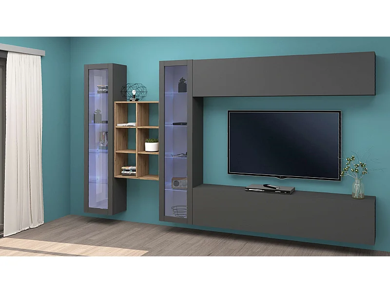 Parete attrezzata sospesa antracite mobile TV pensile 2 vetrine libreria legno Kary RT