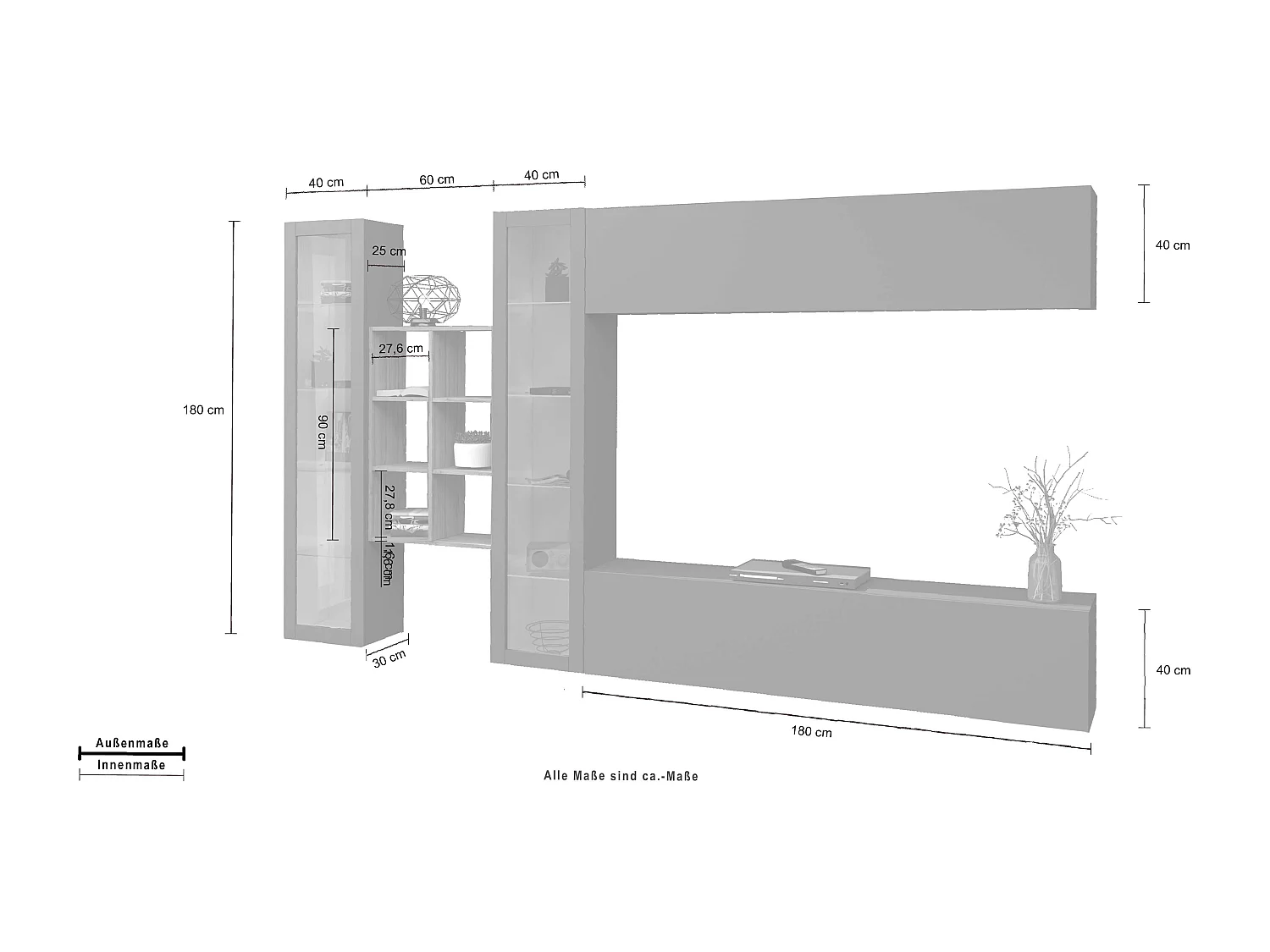 Parete attrezzata sospesa antracite mobile TV pensile 2 vetrine libreria legno Kary RT