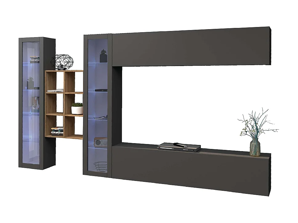 Parete attrezzata sospesa antracite mobile TV pensile 2 vetrine libreria legno Kary RT