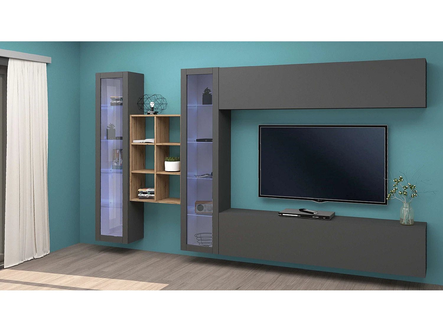 Mueble TV suspendido 2 vitrinas librería madera Kary RT