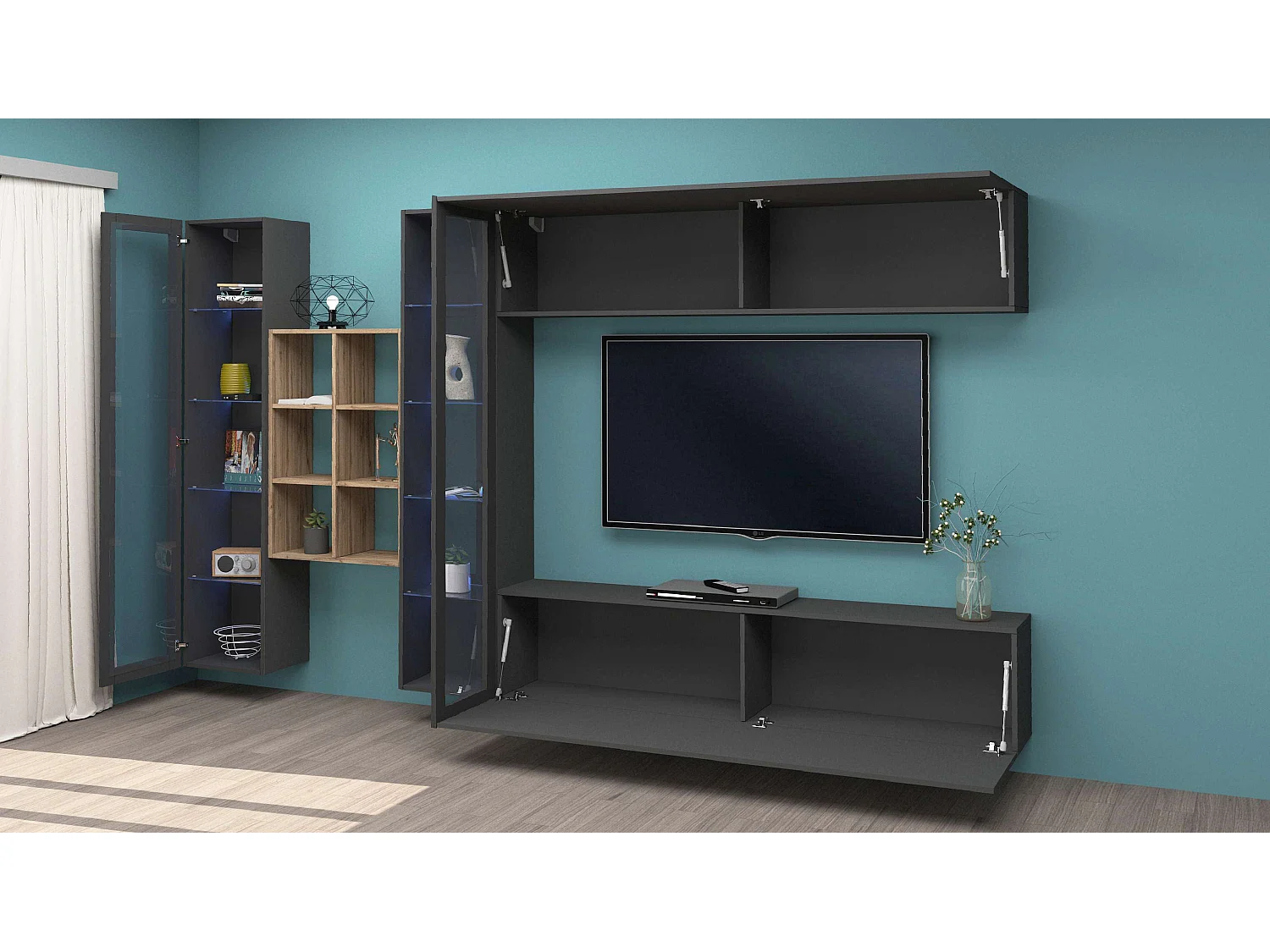 Mueble TV suspendido 2 vitrinas librería madera Kary RT